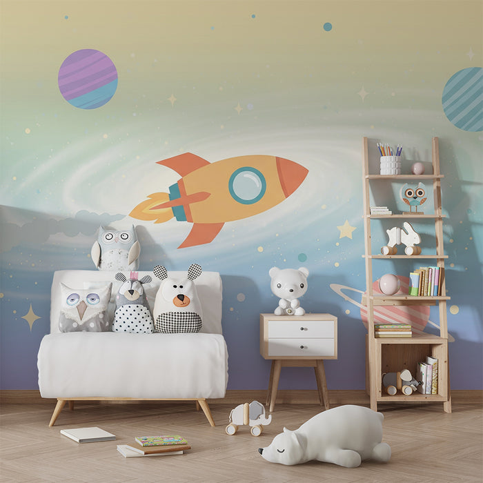 Kinderkamer behang | Kleurrijke raket en planeten in een sterrenuniversum