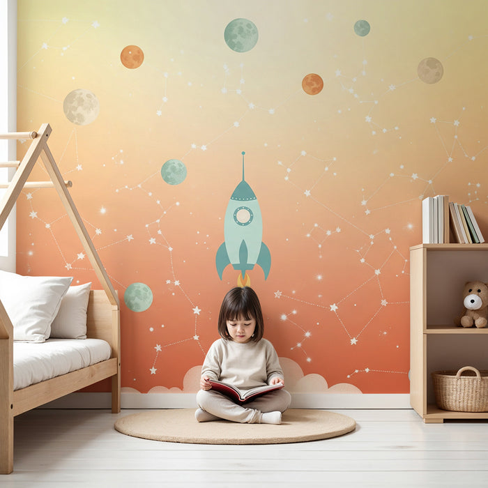 Papel de parede criança | Rachetă colorată și univers stelar cu planete