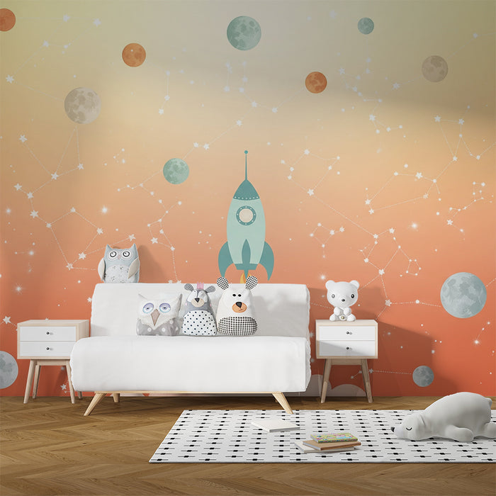 Papel de parede criança | Rachetă colorată și univers stelar cu planete