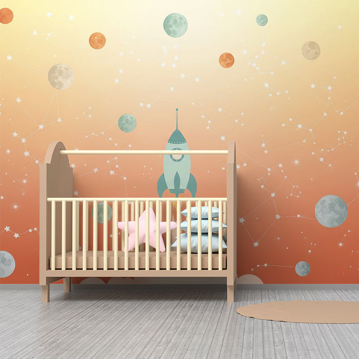 Papel de parede criança | Rachetă colorată și univers stelar cu planete