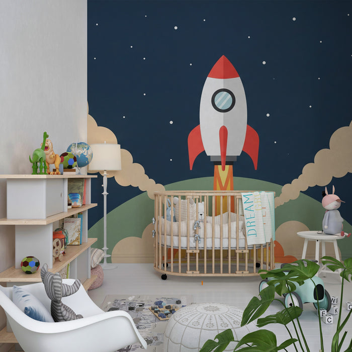 Dětská pokojová tapeta | Barevná raketa stoupající k hvězdám