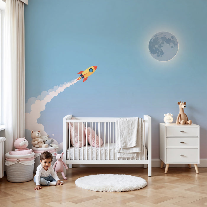 Kinderkamer behang | Kleurrijke raket die naar de maan vliegt