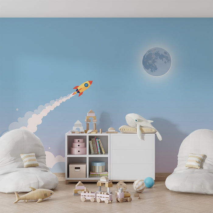 Kinderkamer behang | Kleurrijke raket die naar de maan vliegt