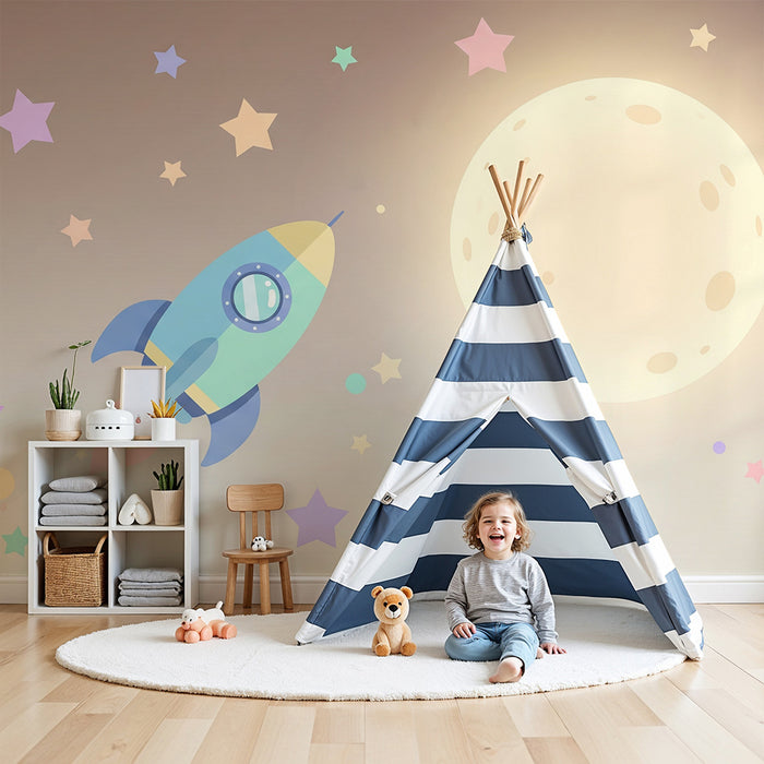 Kinderzimmer Tapete | Buntes Raumschiff reist zum Mond mit pastellfarbenen Sternen