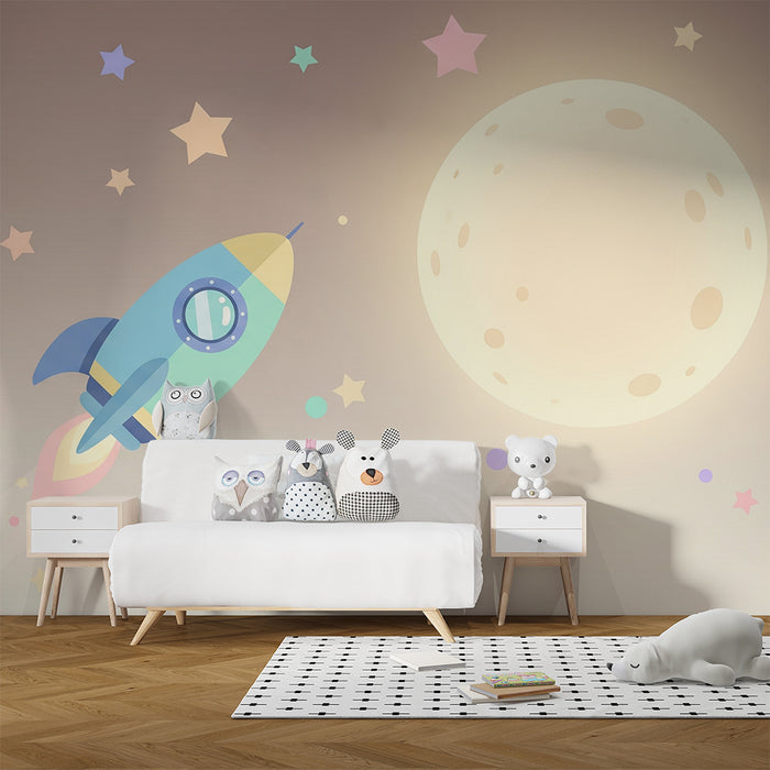 Kinderzimmer Tapete | Buntes Raumschiff reist zum Mond mit pastellfarbenen Sternen