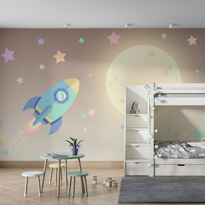 Kinderzimmer Tapete | Buntes Raumschiff reist zum Mond mit pastellfarbenen Sternen