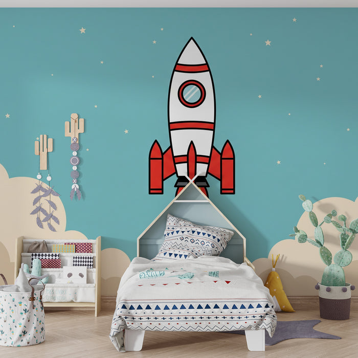 Kids room wallpaper | Rocket in the clouds with beige smoke