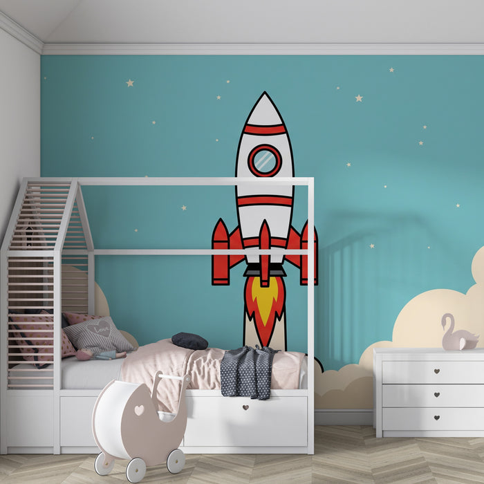 Kids room wallpaper | Rocket in the clouds with beige smoke