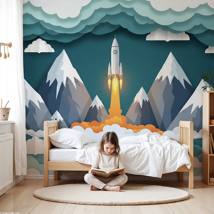 Kids room wallpaper | Rocket launching in the middle of snowy mountains