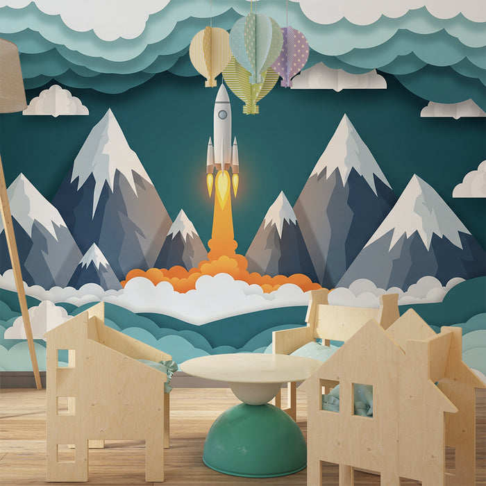 Kids room wallpaper | Rocket launching in the middle of snowy mountains