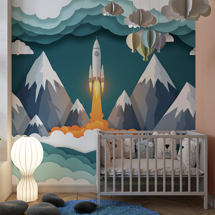 Kids room wallpaper | Rocket launching in the middle of snowy mountains