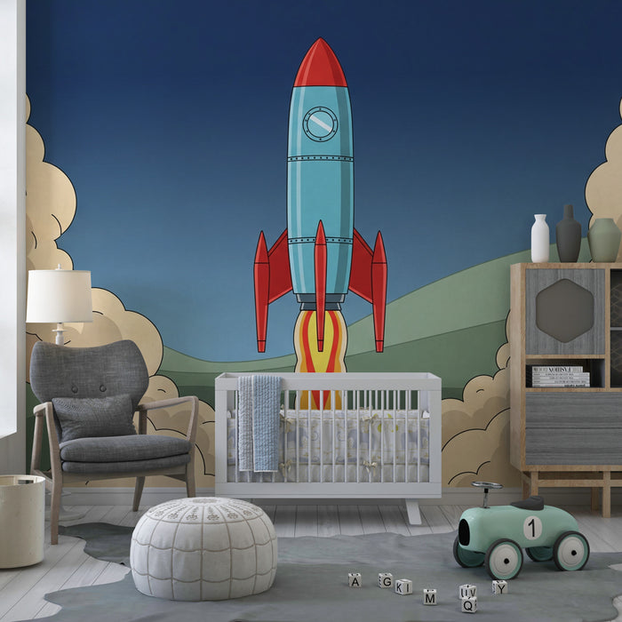 Kids room wallpaper | Decorative rocket in full takeoff