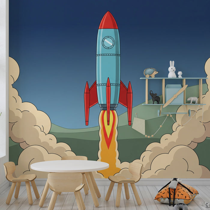 Kids room wallpaper | Decorative rocket in full takeoff