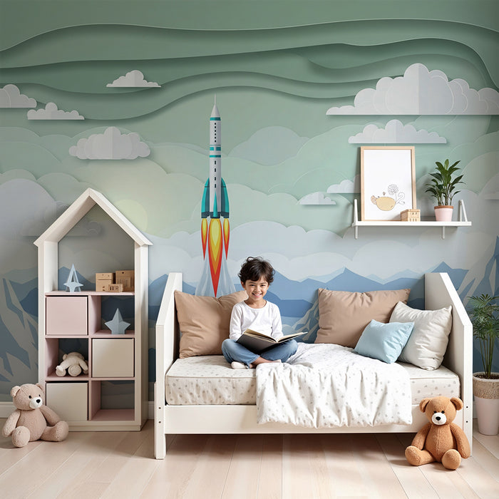 Papel pintado infantil | Cohete despegando sobre las montañas nevadas