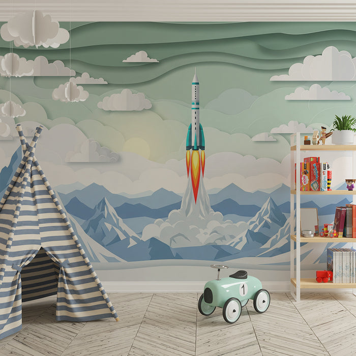 Papel pintado infantil | Cohete despegando sobre las montañas nevadas