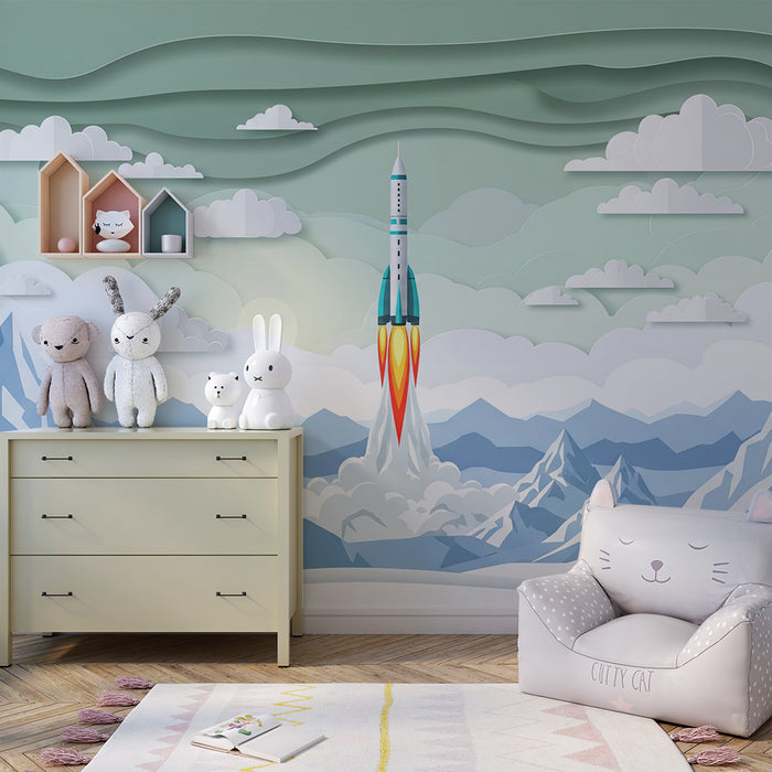 Papel pintado infantil | Cohete despegando sobre las montañas nevadas