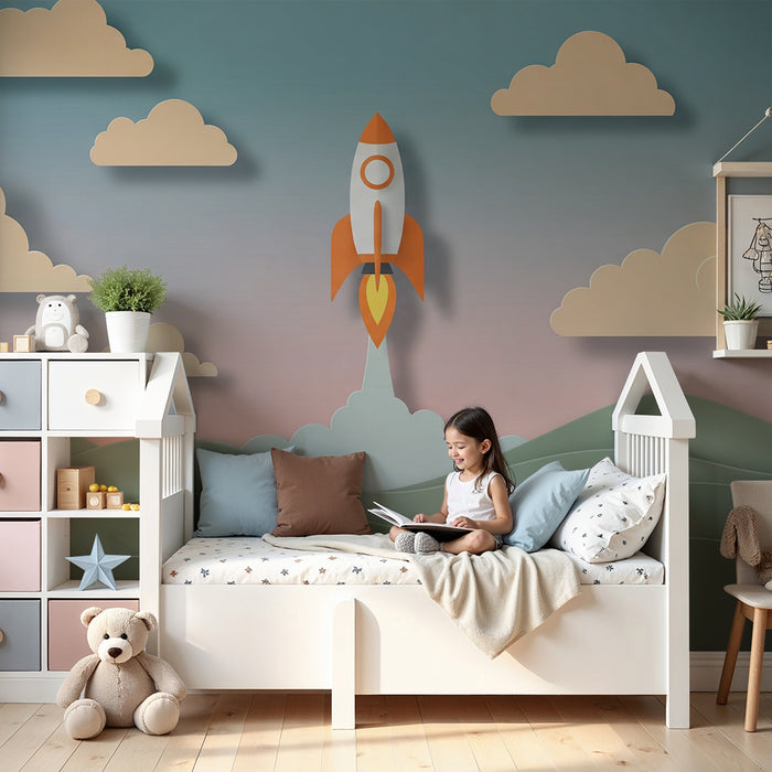 Kinderzimmer Tapete | Raketa v polnem vzletu sredi oblakov