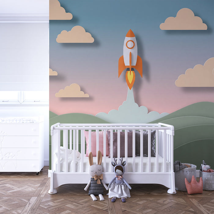 Kinderzimmer Tapete | Raketa v polnem vzletu sredi oblakov