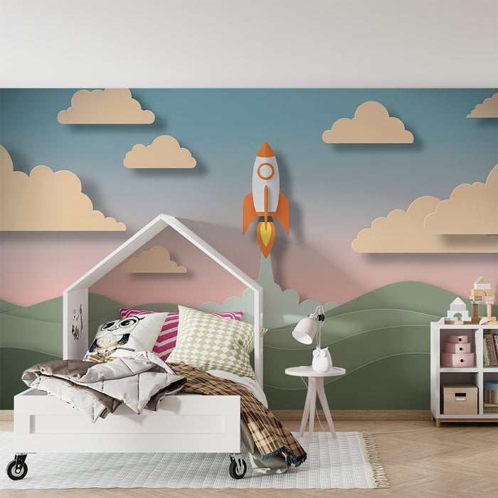 Kinderzimmer Tapete | Raketa v polnem vzletu sredi oblakov