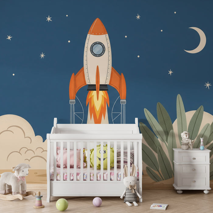 Kids room wallpaper | Rocket launching into space under a starry sky