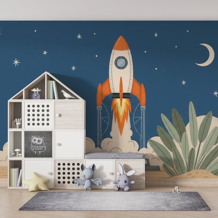 Kids room wallpaper | Rocket launching into space under a starry sky