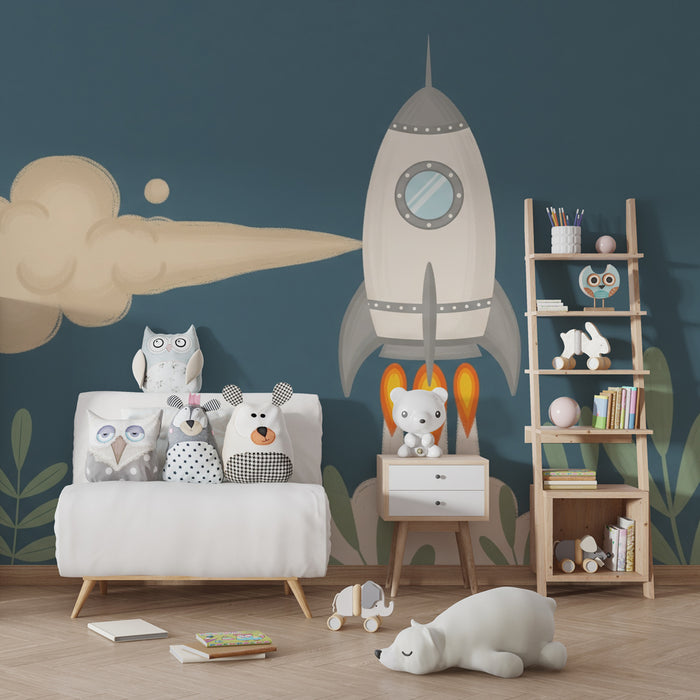 Kids room wallpaper | Rocket on a space exploration mission