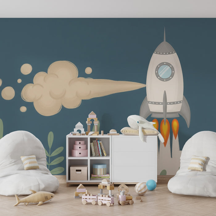 Kids room wallpaper | Rocket on a space exploration mission