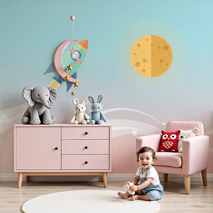 Lastenhuoneen tapetti | Raketti ja kuu tähtitaivaalla