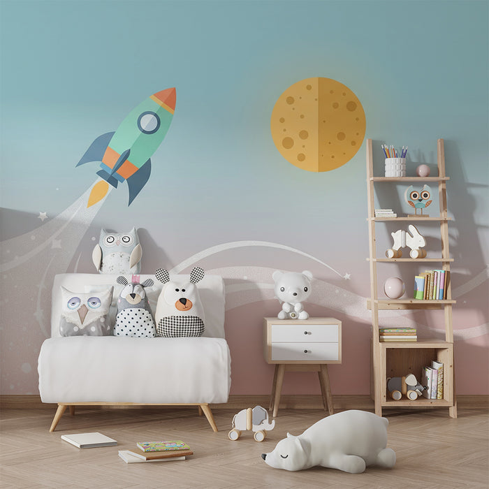 Lastenhuoneen tapetti | Raketti ja kuu tähtitaivaalla