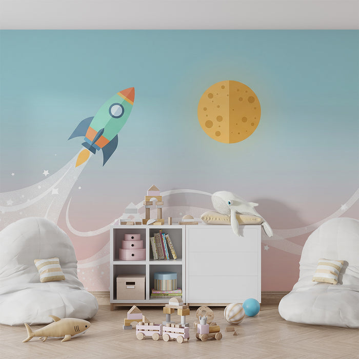 Lastenhuoneen tapetti | Raketti ja kuu tähtitaivaalla