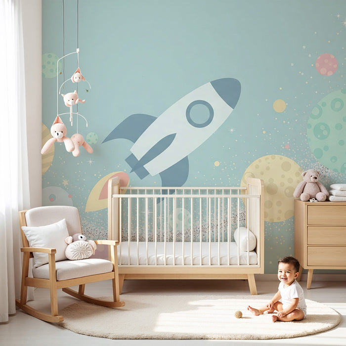Papel pintado infantil | Cohete y planetas coloridos en el espacio
