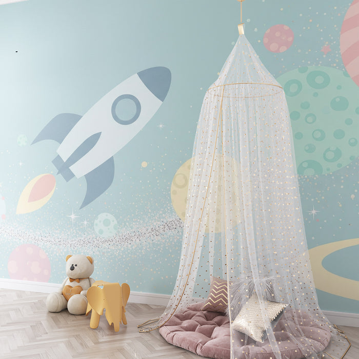 Papel pintado infantil | Cohete y planetas coloridos en el espacio