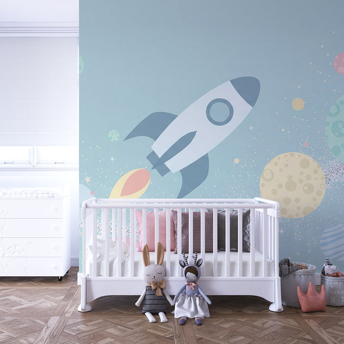 Papel pintado infantil | Cohete y planetas coloridos en el espacio