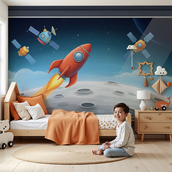 Carta da parati per camera bambini | Razzo rosso e astronavi nello spazio