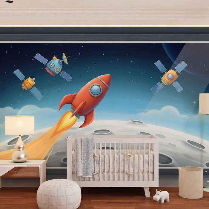 Carta da parati per camera bambini | Razzo rosso e astronavi nello spazio