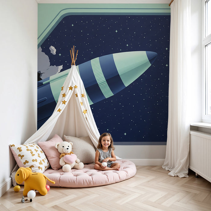 Lastenhuoneen tapetti | Raketti karkaamassa avaruuteen kimaltelevien tähtien kanssa