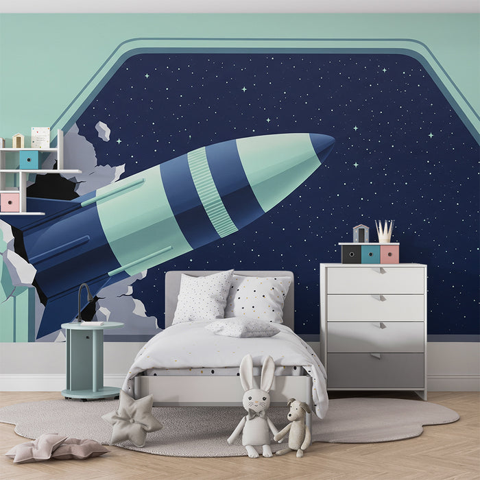Lastenhuoneen tapetti | Raketti karkaamassa avaruuteen kimaltelevien tähtien kanssa