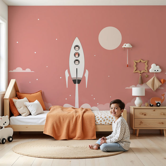 Barntapet | rymdraket i en rosa himmel