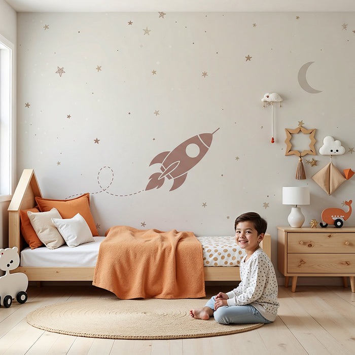 Children's bedroom wallpaper | Space rocket and gold stars on a light background