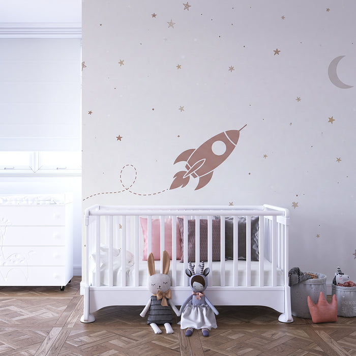 Children's bedroom wallpaper | Space rocket and gold stars on a light background