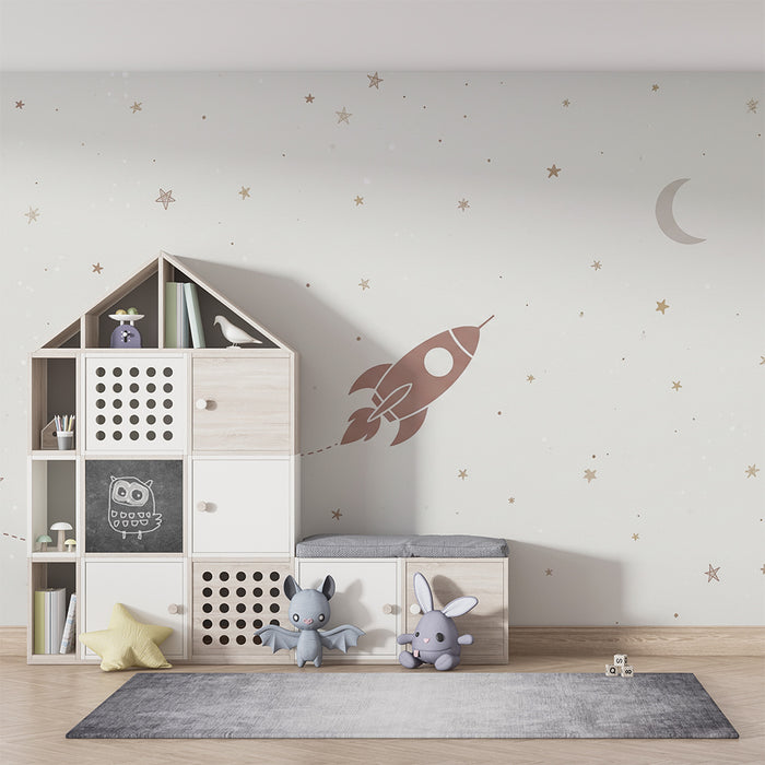 Children's bedroom wallpaper | Space rocket and gold stars on a light background