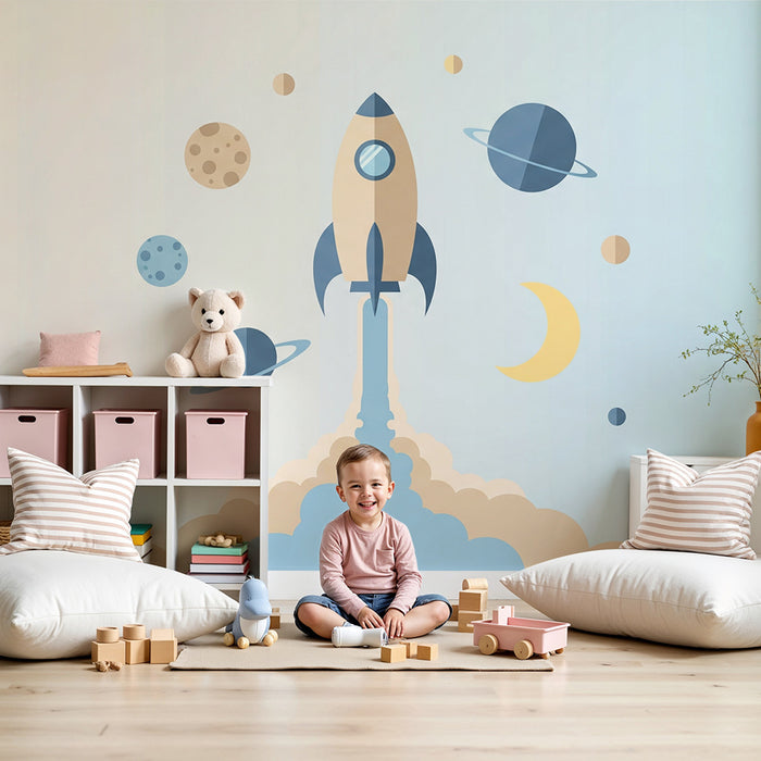 Kinderzimmer Tapete | Buntes Weltraumrakete und Planeten im Universum