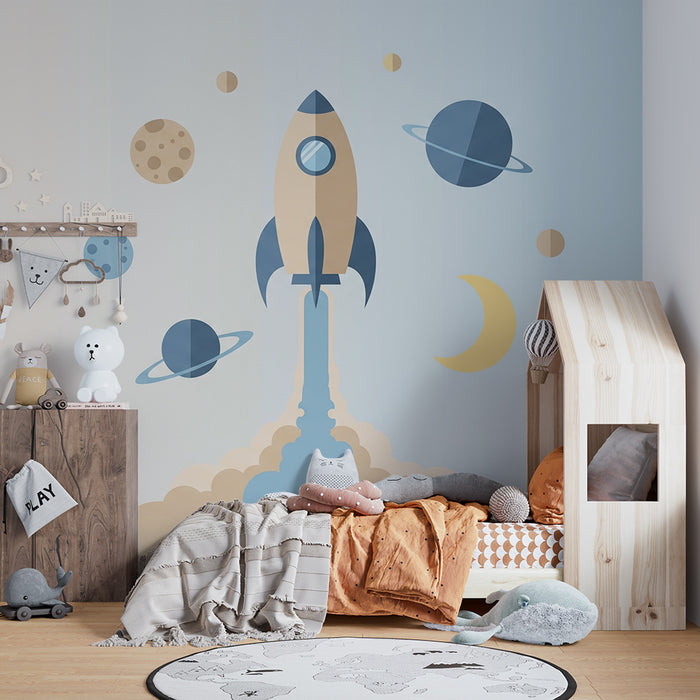 Kinderzimmer Tapete | Buntes Weltraumrakete und Planeten im Universum