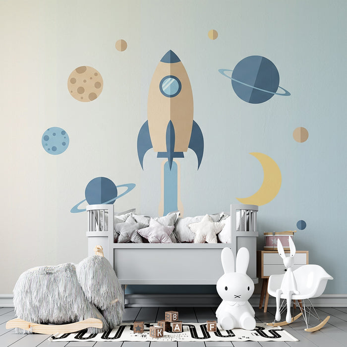 Kinderzimmer Tapete | Buntes Weltraumrakete und Planeten im Universum