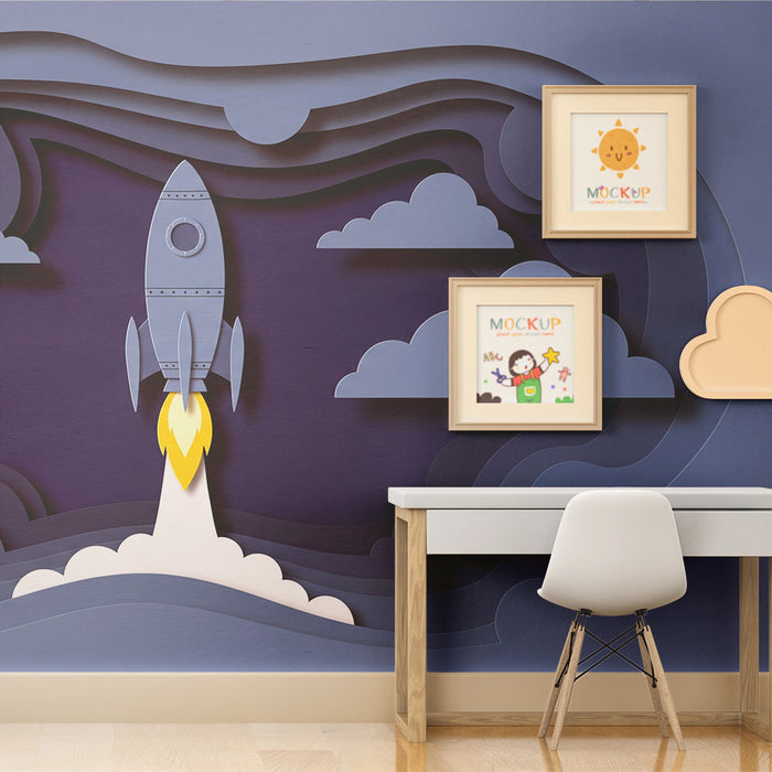 Barntapet | rymdraket stiger upp bland molnen