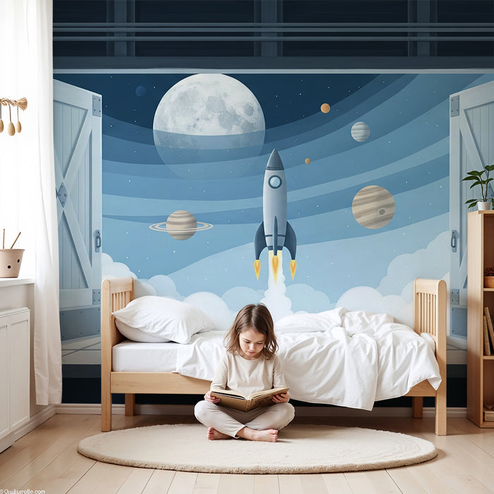Tapeta do dětského pokoje | Vesmírná raketa stoupající k planetám