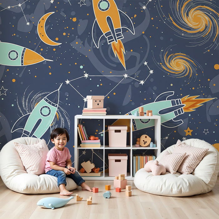 Kinderzimmer Tapete | Bunte Raketen und Sternenhimmel