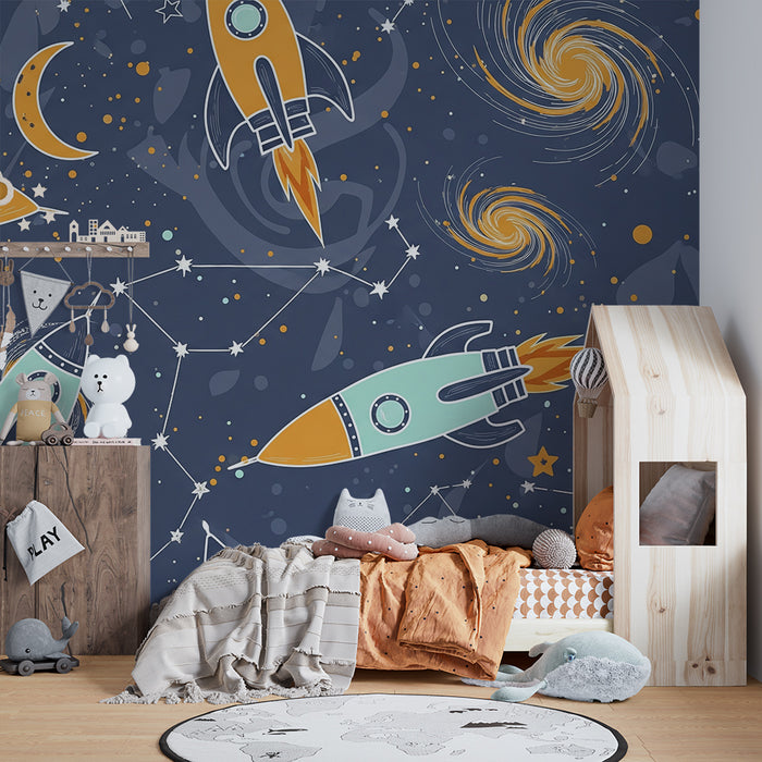 Kinderzimmer Tapete | Bunte Raketen und Sternenhimmel