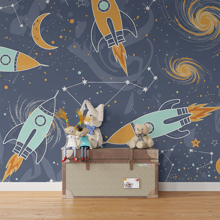 Kinderzimmer Tapete | Bunte Raketen und Sternenhimmel