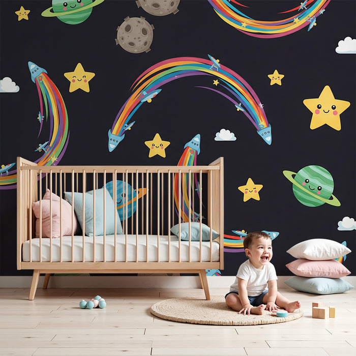 Kinderzimmer Tapete | Bunte Raketen und lächelnde Sterne im Weltraum